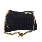 Bolsa de Fio de Malha Preta com Detalhes em Dourado